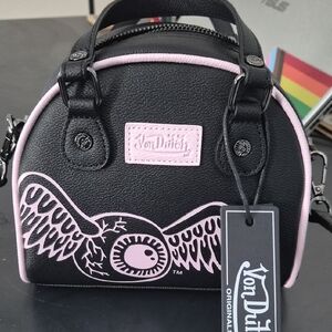 Von Dutch Black Mini Bag with Pink Accents